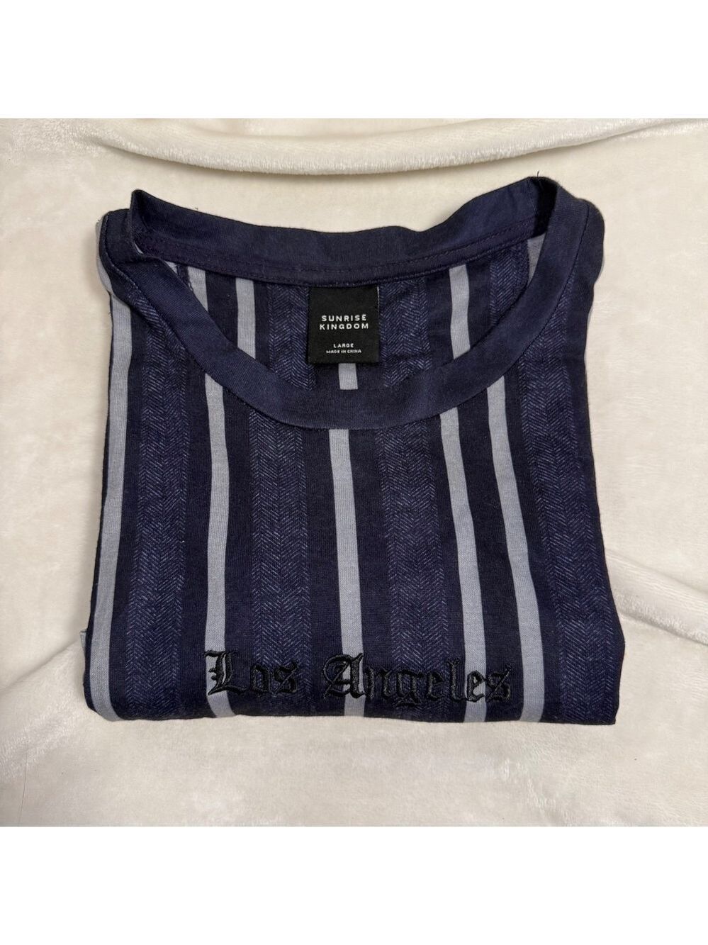 Sunrise Kingdom Los Angeles Striped Tee Mens Large Navy Grey Streetwear Vibe - Picture 6 of 6